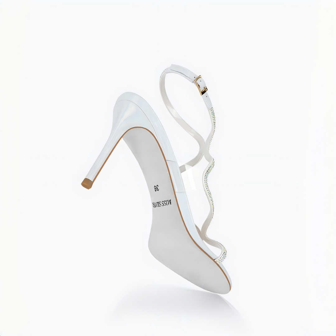 White Rhinestone Ankle Wrap Stiletto Heel Sandals