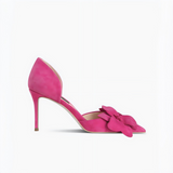 Fuchsia Pink Suede 3D Flower Appliqué Pointed Toe Stiletto Heels