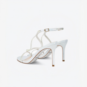 White Rhinestone Ankle Wrap Stiletto Heel Sandals
