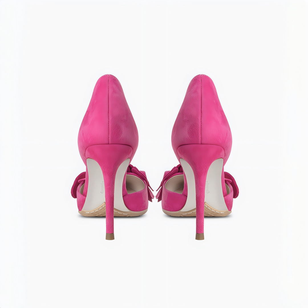 Fuchsia Pink Suede 3D Flower Appliqué Pointed Toe Stiletto Heels
