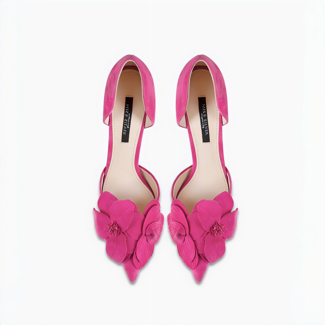 Fuchsia Pink Suede 3D Flower Appliqué Pointed Toe Stiletto Heels