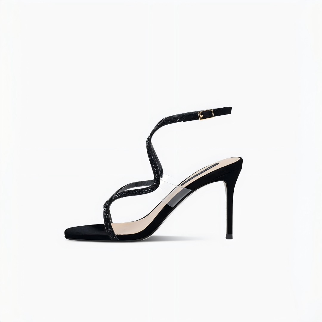 Black Rhinestone Ankle Strap Stiletto Heel Sandals
