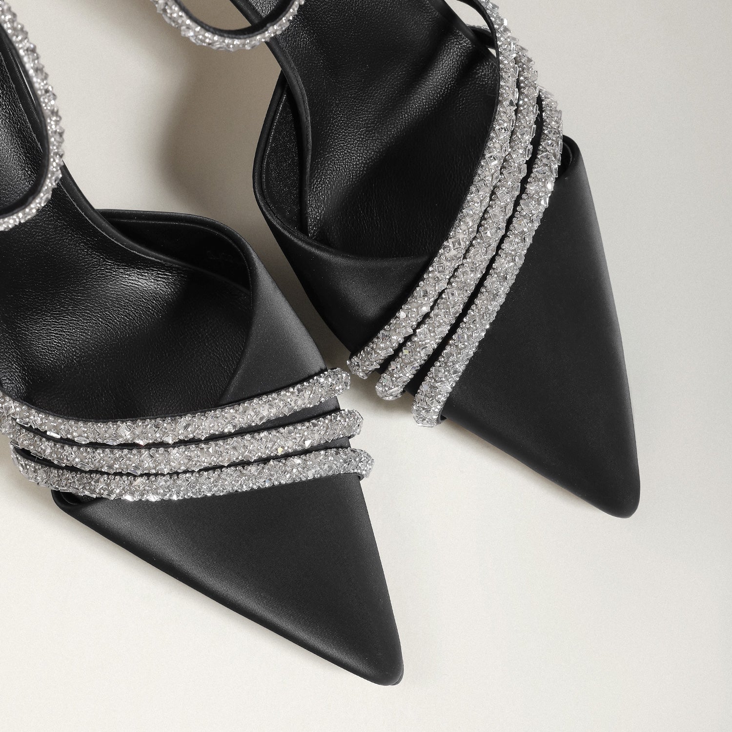 Black Satin Leather Crystal Ankle Strap Stiletto Heels