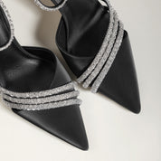 Black Satin Leather Crystal Ankle Strap Stiletto Heels