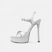 Silver Grey Satin Platform Ankle Strap Stiletto Heel Sandals
