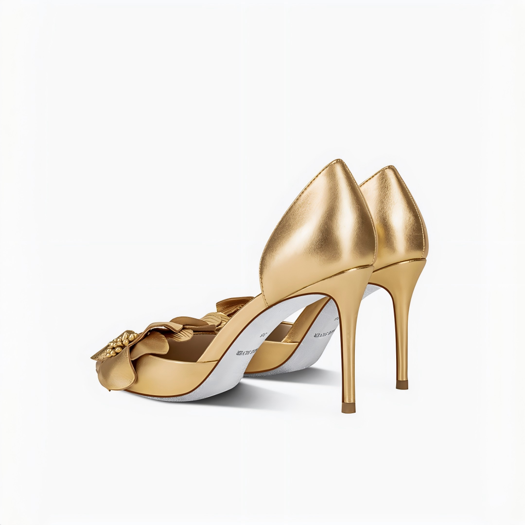 Gold Suede 3D Flower Appliqué Pointed Toe Stiletto Pumps