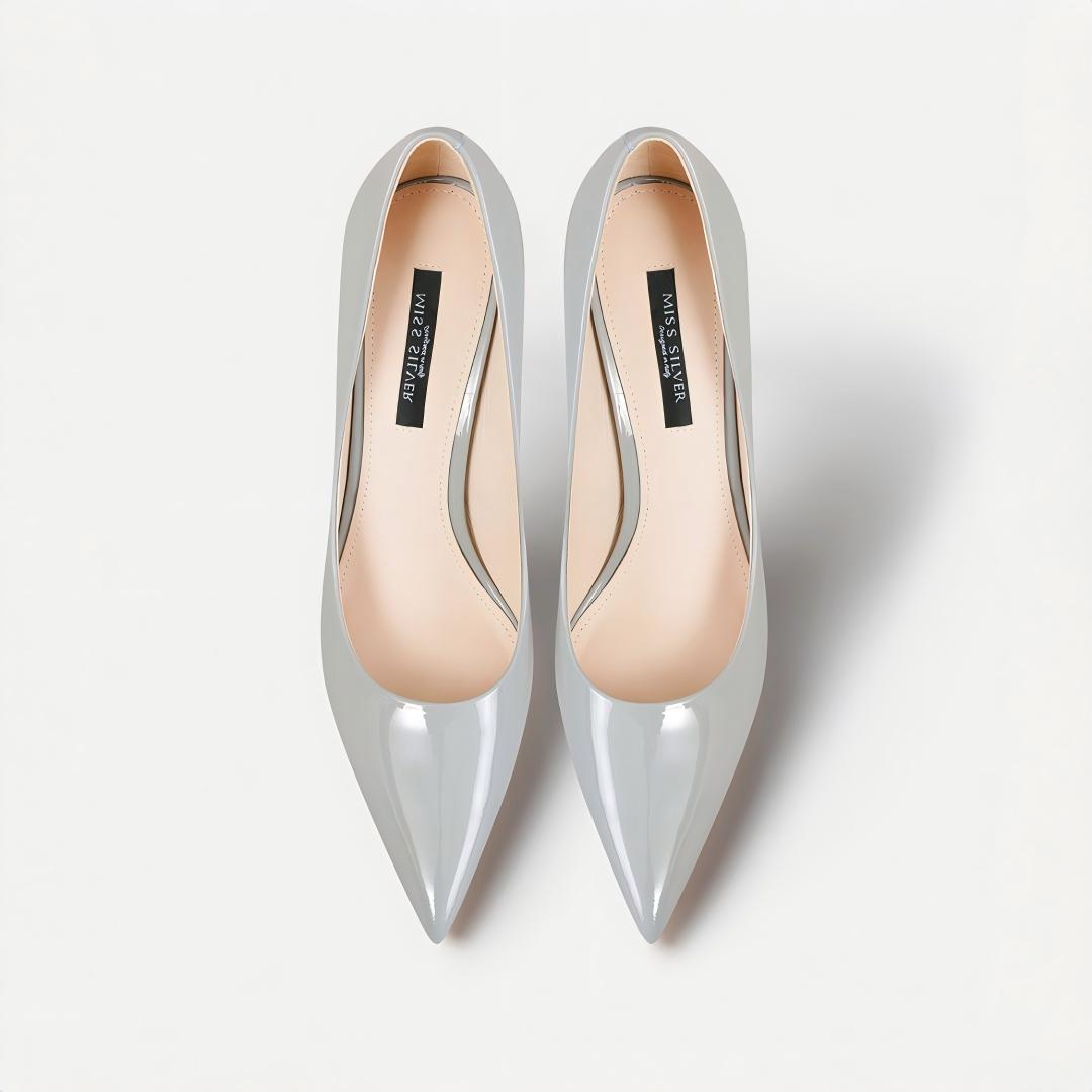 Grey Patent Leather Pointed-Toe Stiletto Pumps