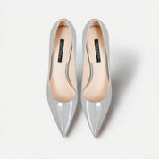 Grey Patent Leather Pointed-Toe Stiletto Pumps