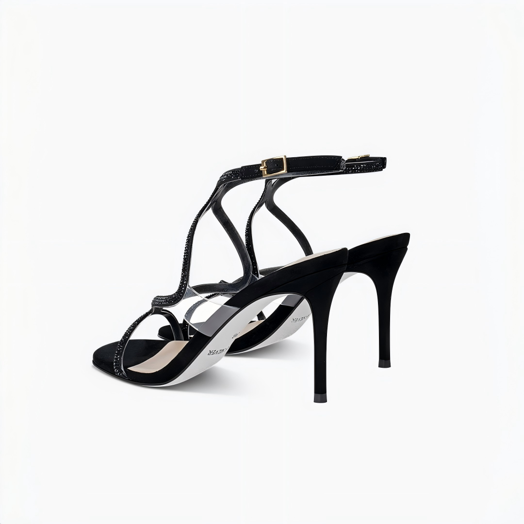 Black Rhinestone Ankle Strap Stiletto Heel Sandals