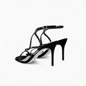 Black Rhinestone Ankle Strap Stiletto Heel Sandals