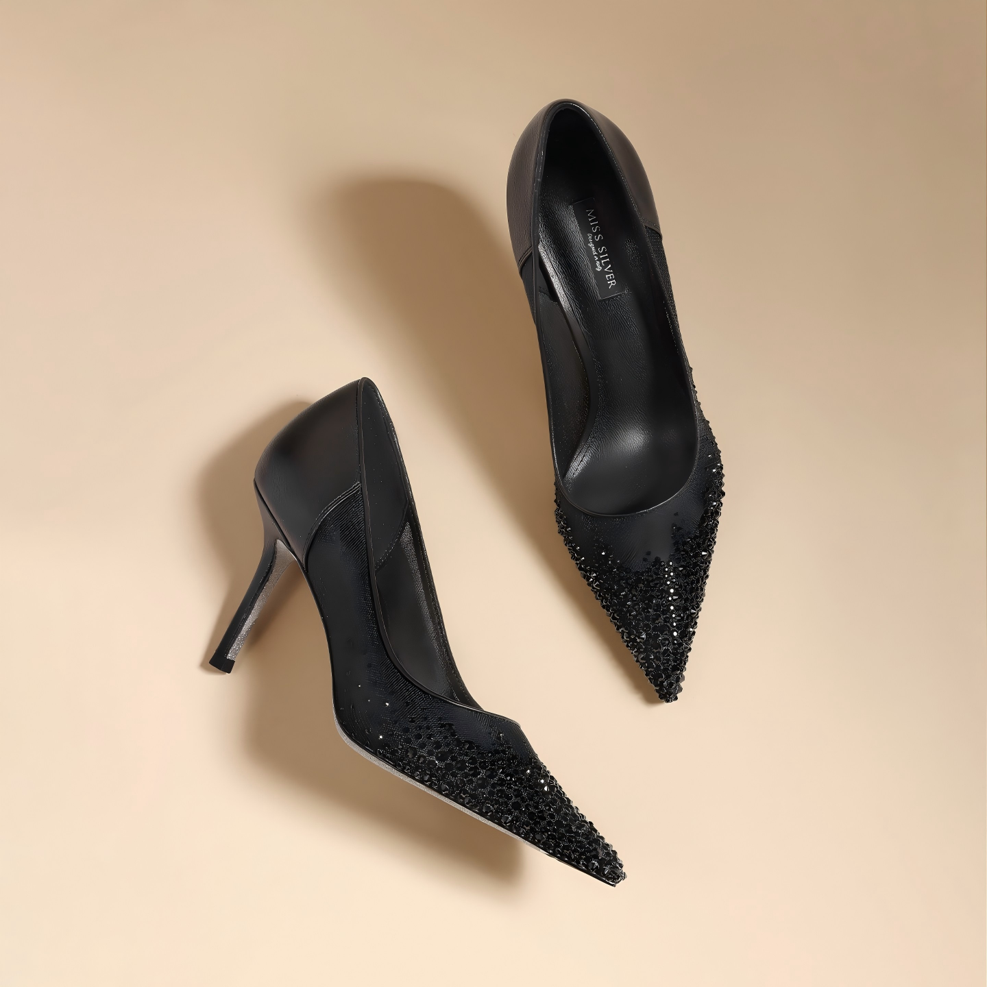 Black Sheer Mesh Ombre Rhinestone Pointed Toe Stiletto Bridal Pumps