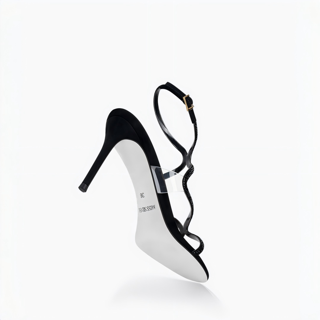 Black Rhinestone Ankle Strap Stiletto Heel Sandals