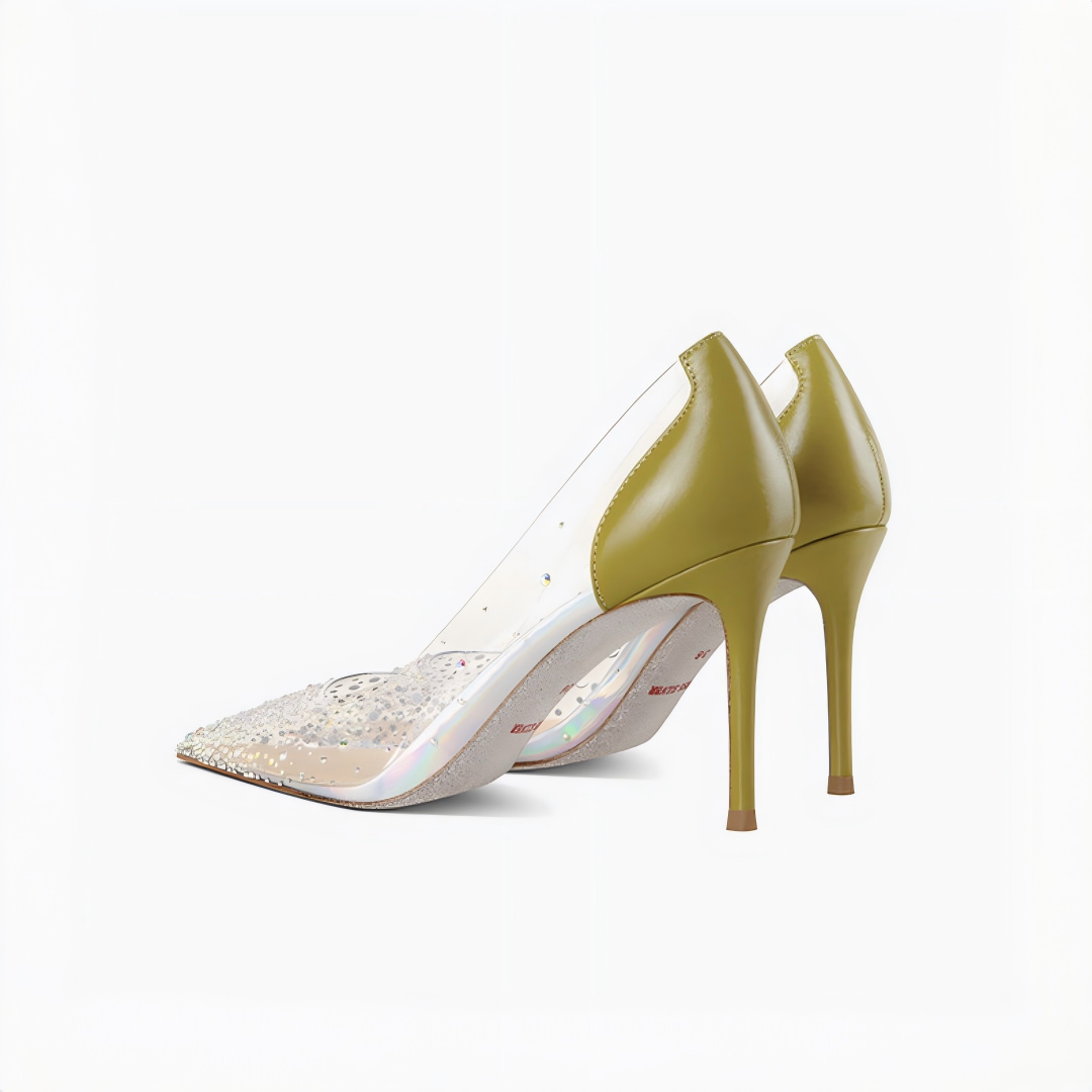 Avocado Green Clear PVC Rhinestone Pointed Toe Stiletto Pumps