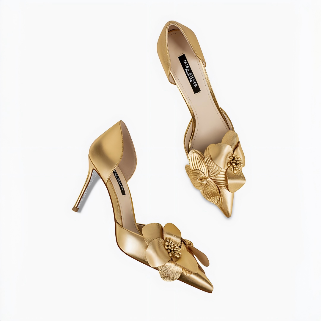 Gold Suede 3D Flower Appliqué Pointed Toe Stiletto Pumps