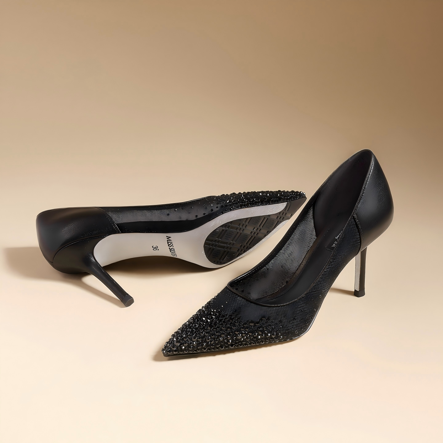 Black Sheer Mesh Ombre Rhinestone Pointed Toe Stiletto Bridal Pumps