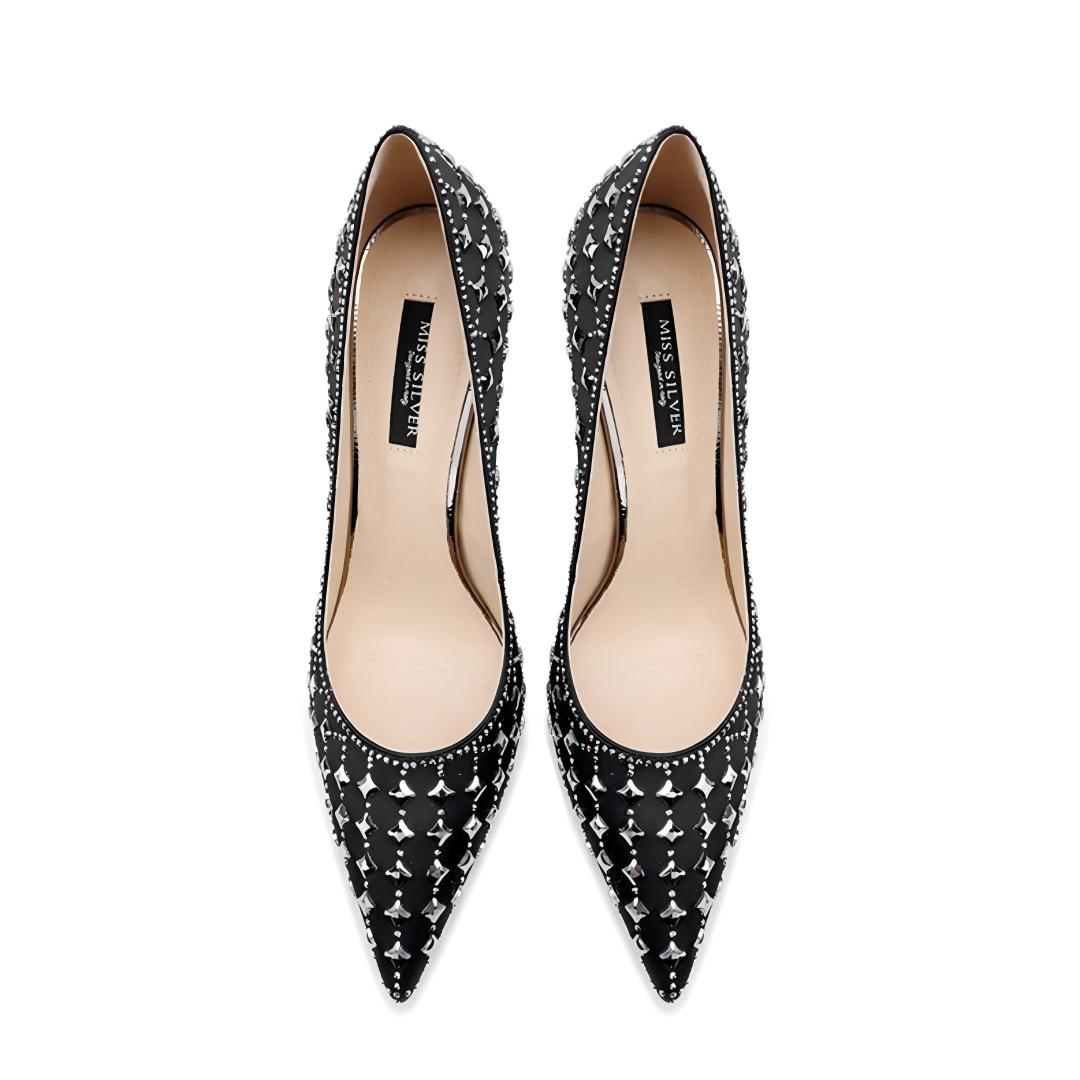 Black Silk Rhinestone Pointed Toe Pumps