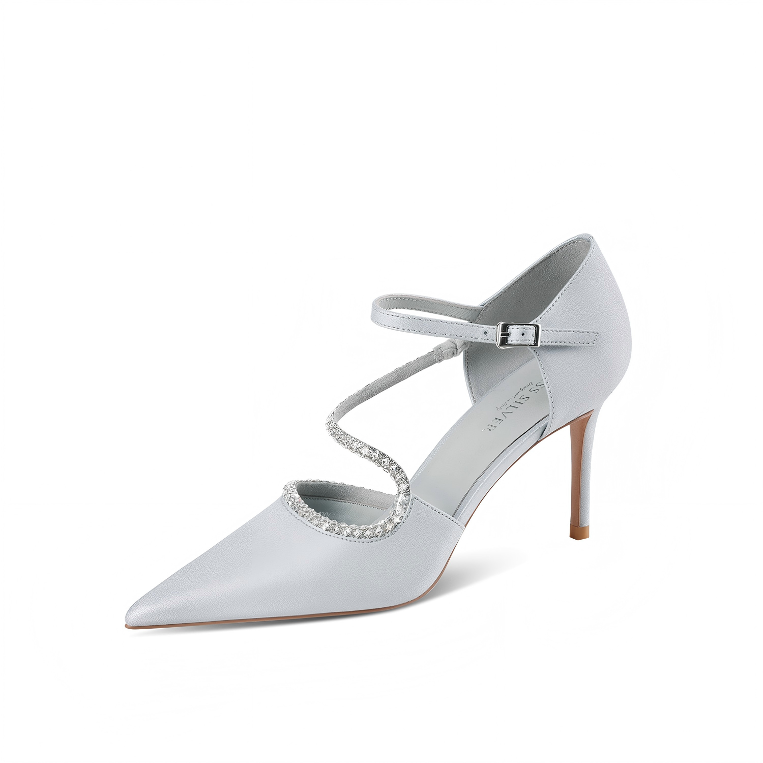 Silver Satin Rhinestone Ankle Strap Pumps