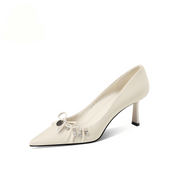White Leather Crystal Bow Pointed Toe Bridal Pumps