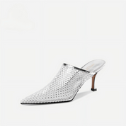 Silver Rhinestone Mesh Pointed Toe Mule Heel Slides