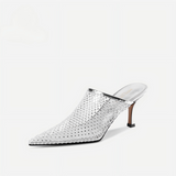 Silver Rhinestone Mesh Pointed Toe Mule Heel Slides