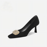 Black Velvet Crystal Buckle Square Toe Kitten Heels