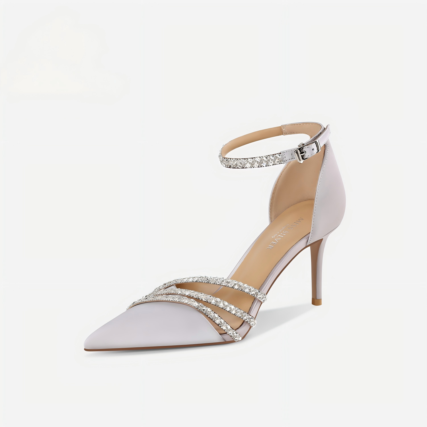Lilac Satin Leather Crystal Ankle Strap Stiletto Heels