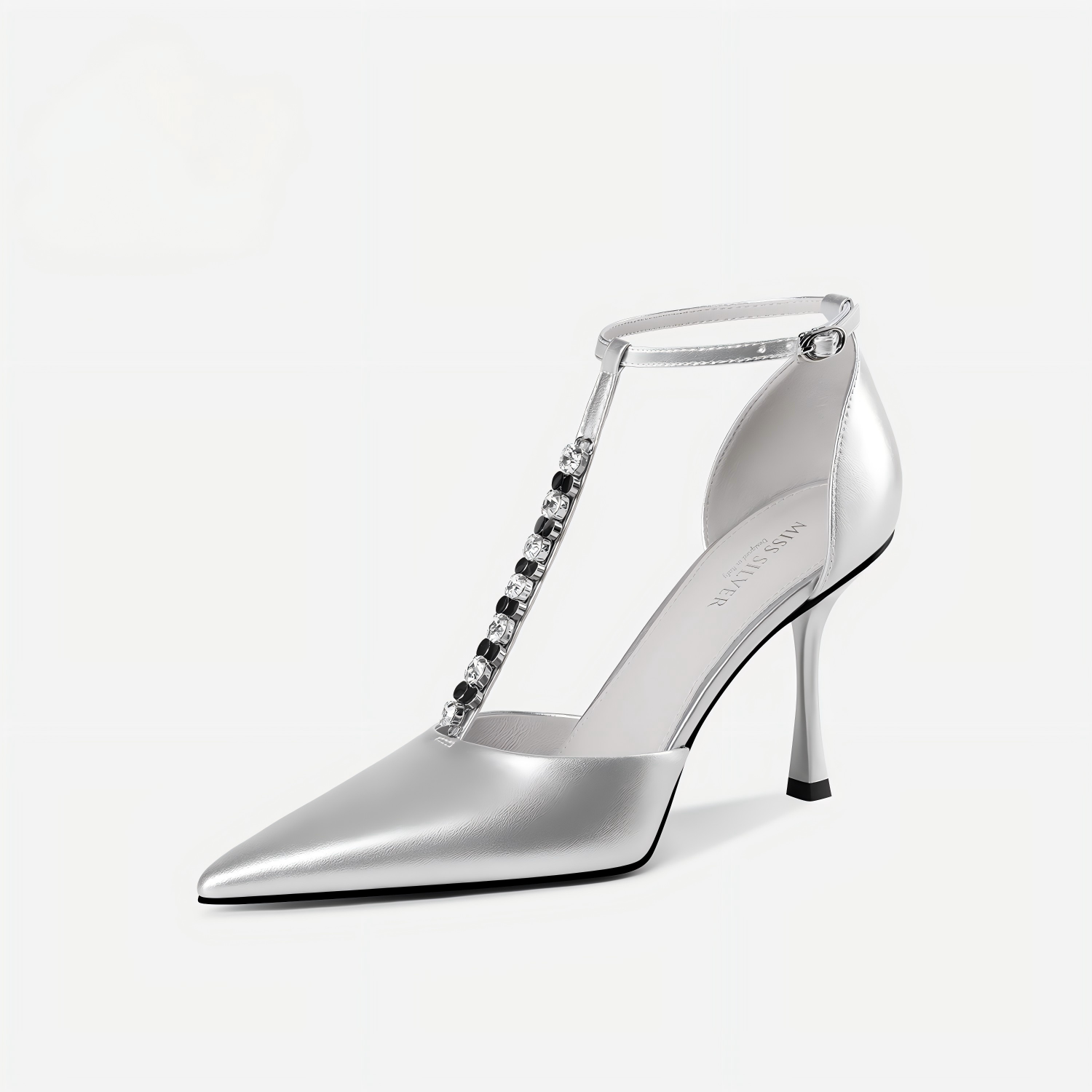 Silver Rhinestone T-Strap Pointed-Toe Stiletto Pumps