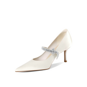 Elegant Ivory Satin Mary Jane Heels with Crystal-Embellished Strap