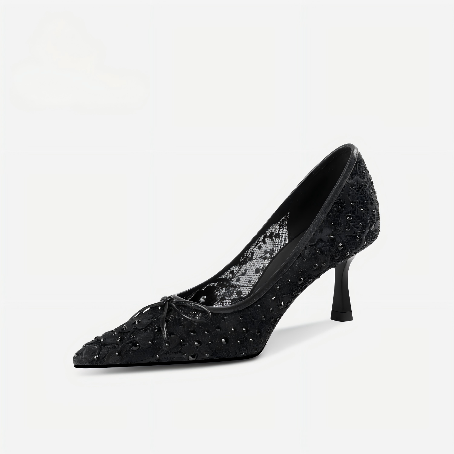 Black Lace Rhinestone Pointed Toe Bow Pumps