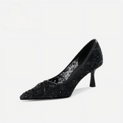 Black Lace Rhinestone Pointed Toe Bow Pumps
