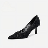 Black Lace Rhinestone Pointed Toe Bow Pumps