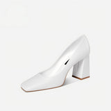 White Calfskin Square-Toe Block Heel Pumps