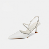 Genuine Leather Crystal Trim Slingback Pointed Toe Kitten Heel Pumps
