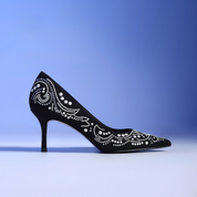 Black Suede Pointed-Toe Stiletto Pumps with Pearl