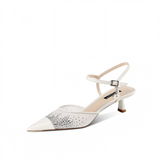 White Sheer Mesh Rhinestone Pointed Toe Kitten Heel Ankle Strap Sandals