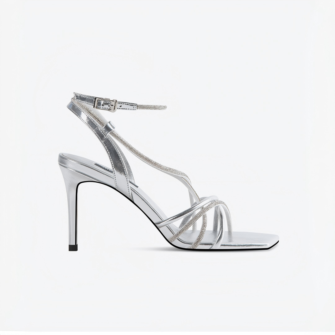 Silver Metallic Rhinestone Crisscross Ankle Strap Stiletto Sandals