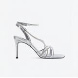 Silver Metallic Rhinestone Crisscross Ankle Strap Stiletto Sandals
