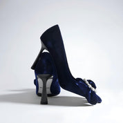 Blue Velvet Bow Rhinestone Buckle Pointed Toe Pumps