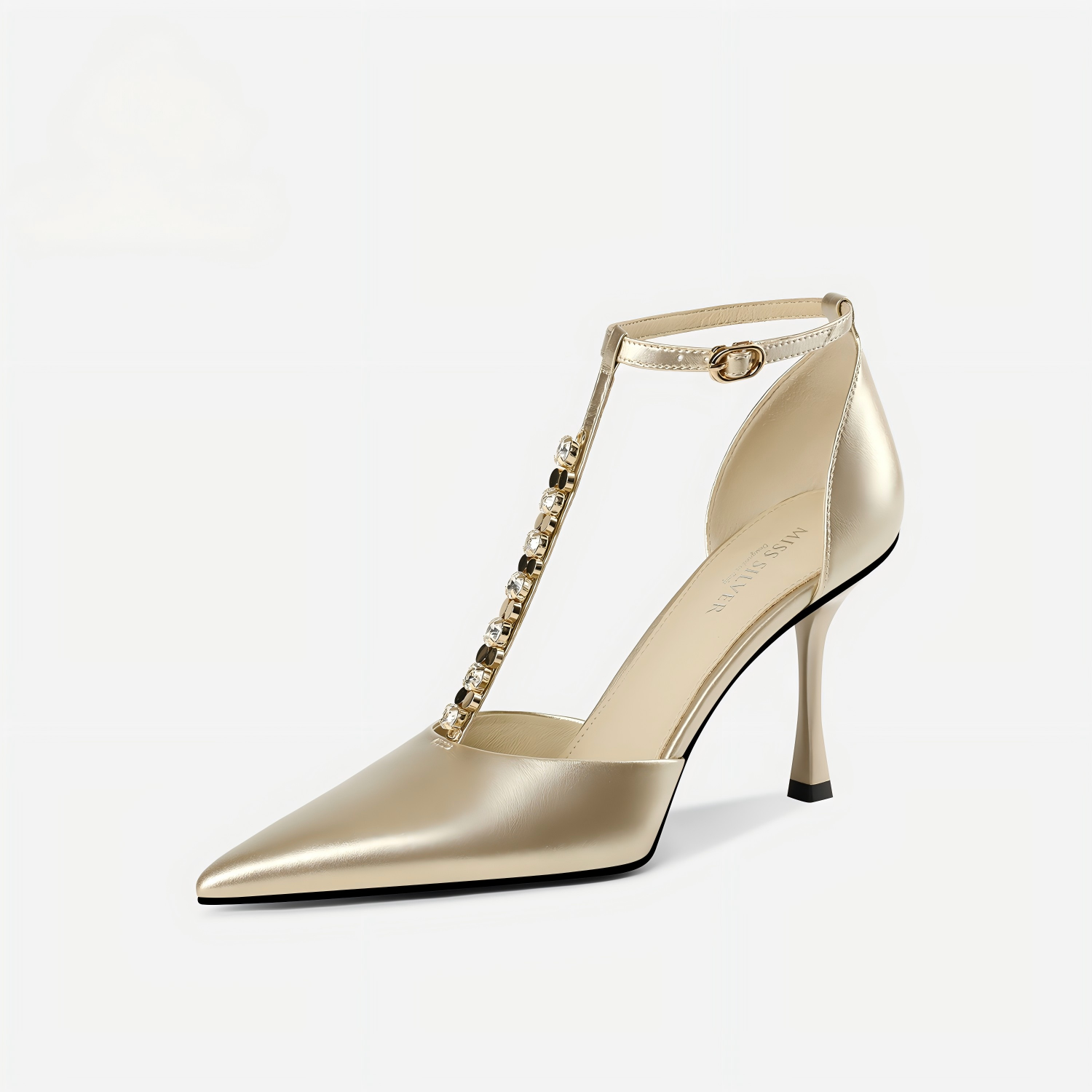 Champagne Gold Rhinestone T-Strap Pointed-Toe Stiletto Pumps