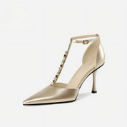 Champagne Gold Rhinestone T-Strap Pointed-Toe Stiletto Pumps