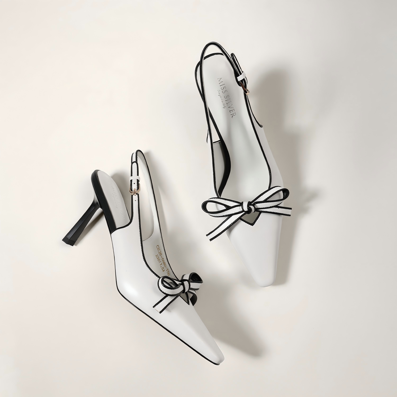White Black Trim Bow Slingback Pointed Heels