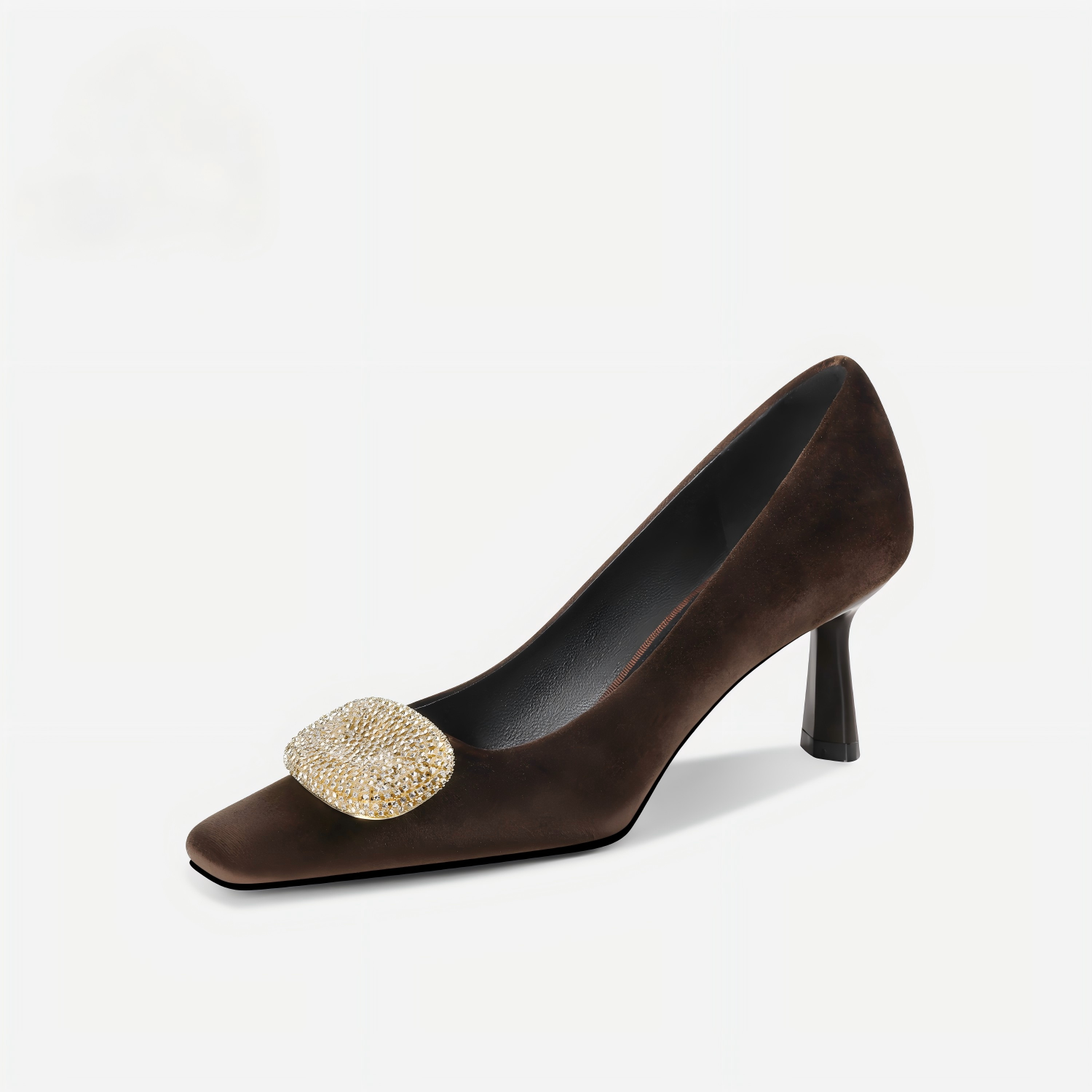 Chocolate Velvet Crystal Buckle Square Toe Kitten Heels