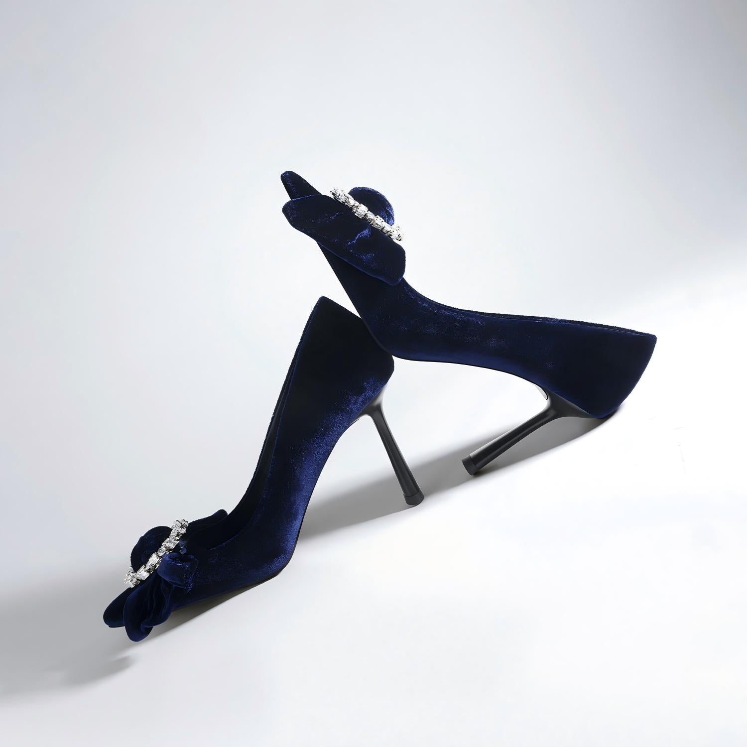 Black Velvet Bow Rhinestone Buckle Pointed Toe Pumps