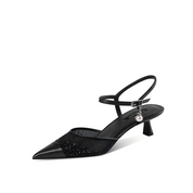 Black Sheer Mesh Rhinestone Pointed Toe Kitten Heel Ankle Strap Sandals