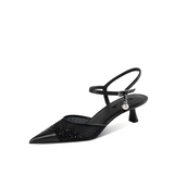 Black Sheer Mesh Rhinestone Pointed Toe Kitten Heel Ankle Strap Sandals