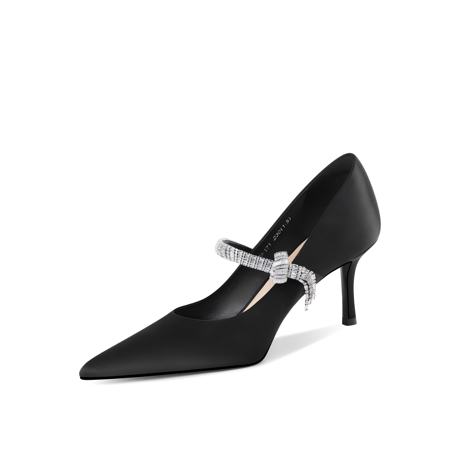 Black Satin Pointed-Toe Mary Jane Stiletto Pumps with Crystal Bow Strap