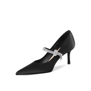 Black Satin Pointed-Toe Mary Jane Stiletto Pumps with Crystal Bow Strap