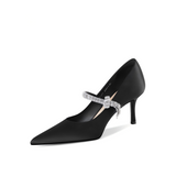 Black Satin Pointed-Toe Mary Jane Stiletto Pumps with Crystal Bow Strap