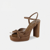 Suede Bow Platform Block Heel Ankle Strap Sandals