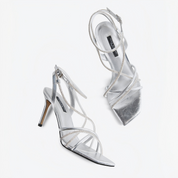 Silver Metallic Rhinestone Crisscross Ankle Strap Stiletto Sandals
